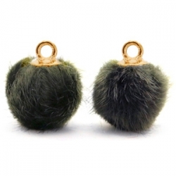 1 Stück Faux Fur PomPom - Olive Grey (Gold)