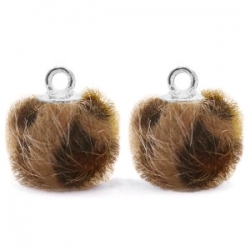 1 Stück Faux Fur PomPom - Leopard Chocolate Brown (Silber)