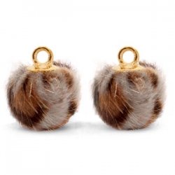 1 Stück Faux Fur PomPom - Leopard Taupe Brown (Gold)